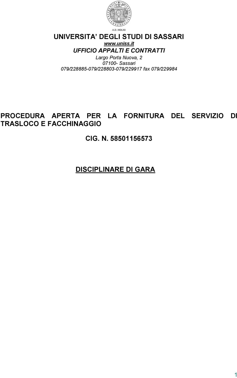 079/228885-079/228803-079/229917 fax 079/229984 PROCEDURA APERTA PER