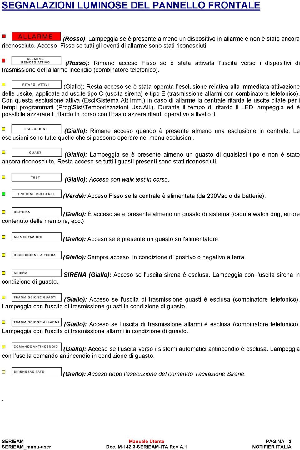 (Rosso): Rimane acceso Fisso se è stata attivata l uscita verso i dispositivi di trasmissione dell allarme incendio (combinatore telefonico).