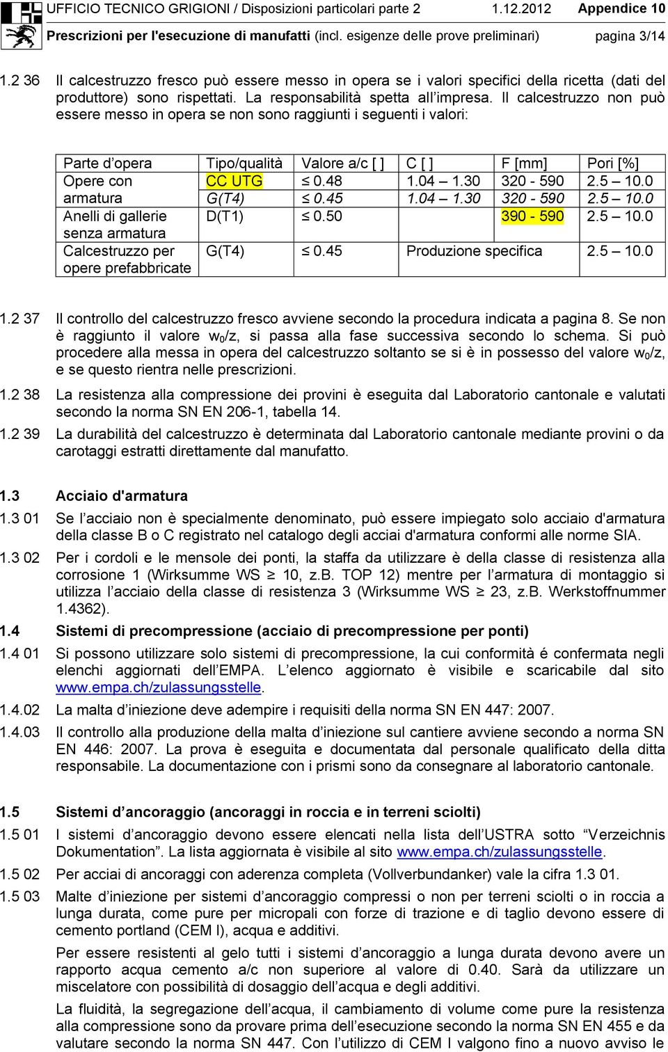 Il calcestruzzo non può essere messo in opera se non sono raggiunti i seguenti i valori: Parte d opera Tipo/qualità Valore a/c [ ] C [ ] F [mm] Pori [%] Opere con CC UTG 0.48 1.04 1.30 320-590 2.5 10.