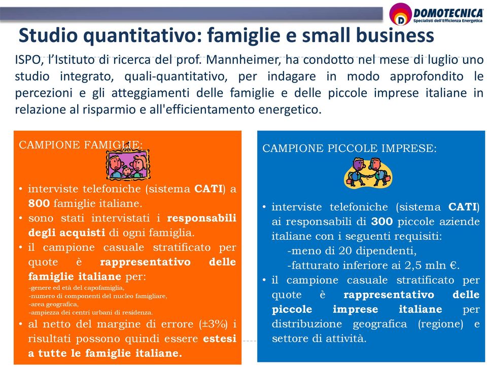 italiane in relazione al risparmio e all'efficientamento energetico. CAMPIONE FAMIGLIE: CAMPIONE PICCOLE IMPRESE: interviste telefoniche (sistema CATI) a 800 famiglie italiane.