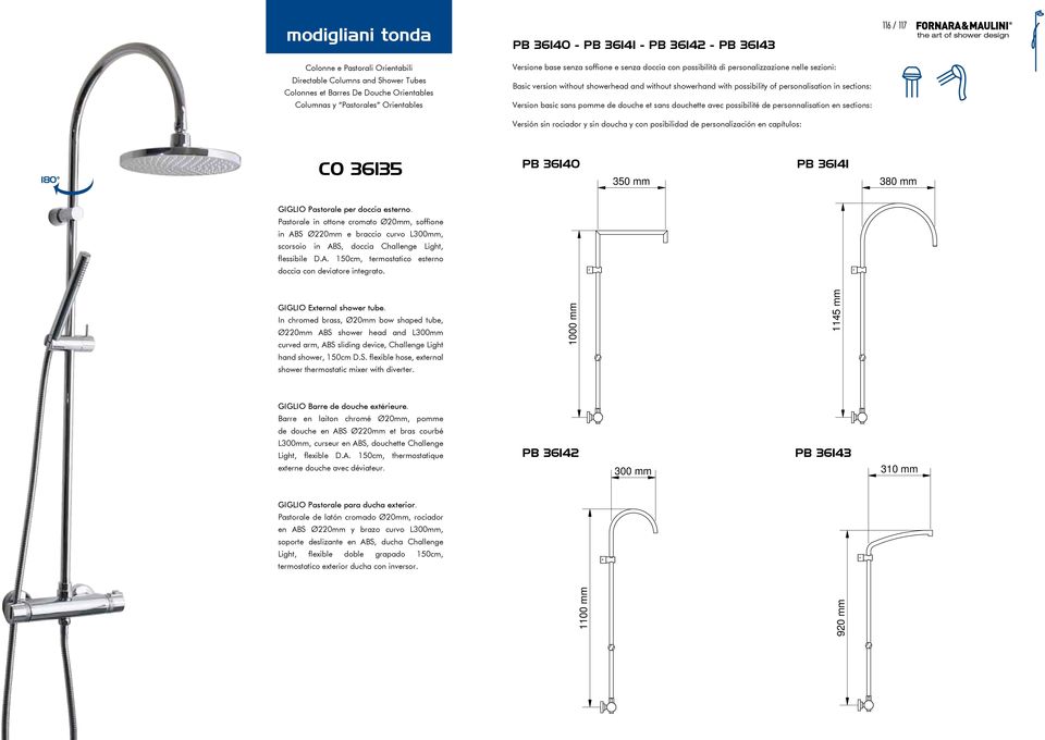 GIGLIO External shower tube. In chromed brass, Ø20mm bow shaped tube, Ø220mm ABS shower head and L300mm curved arm, ABS sliding device, Challenge Light hand shower, 150cm D.S. flexible hose, external shower thermostatic mixer with diverter.