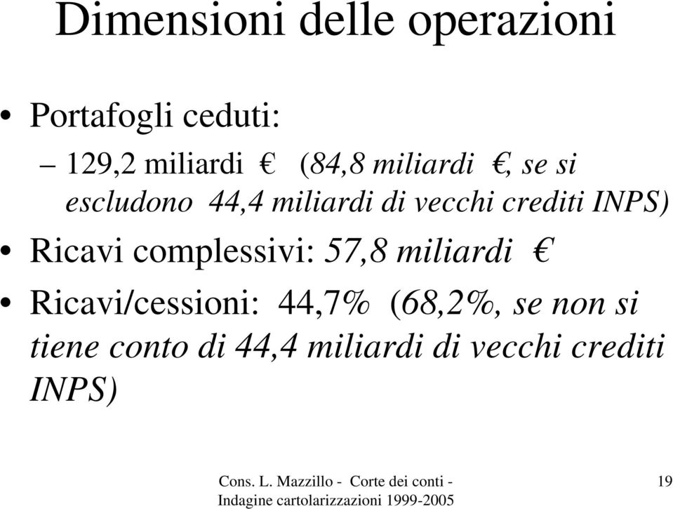 INPS) Ricavi complessivi: 57,8 miliardi Ricavi/cessioni: 44,7%