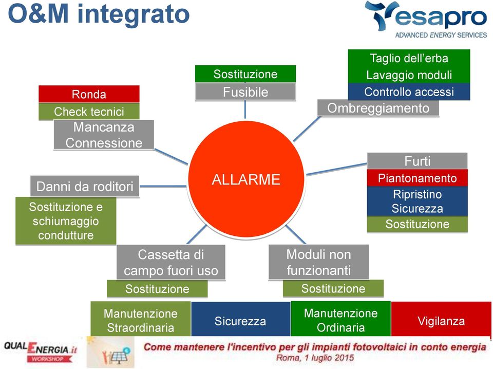 Taglio dell erba Lavaggio moduli Controllo accessi Ombreggiamento Sostituzione Furti Piantonamento