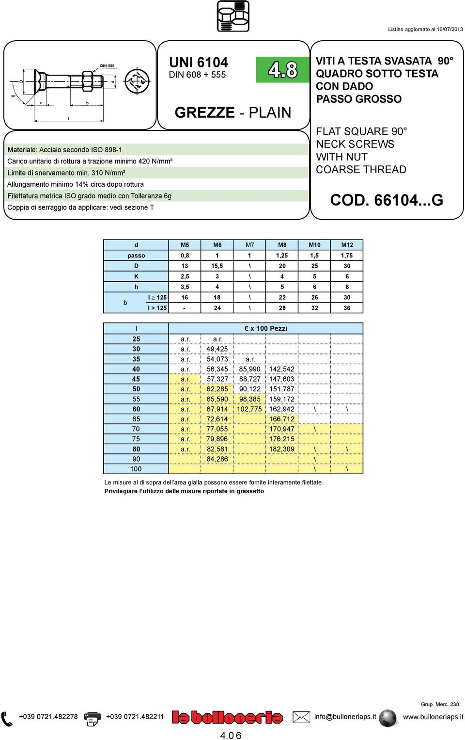 8 GREZZE - PLAIN VITI A TESTA SVASATA 90 QUADRO SOTTO TESTA CON DADO FLAT SQUARE 90 NECK SCREWS WITH NUT COD. 66104.