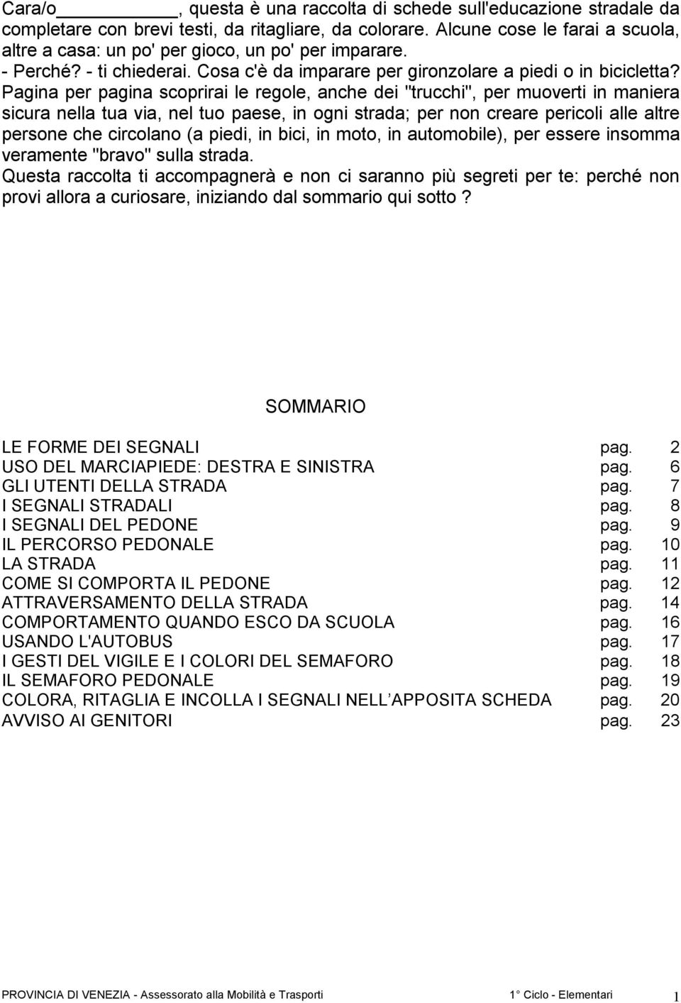 Pagina per pagina scoprirai le regole, anche dei "trucchi", per muoverti in maniera sicura nella tua via, nel tuo paese, in ogni strada; per non creare pericoli alle altre persone che circolano (a