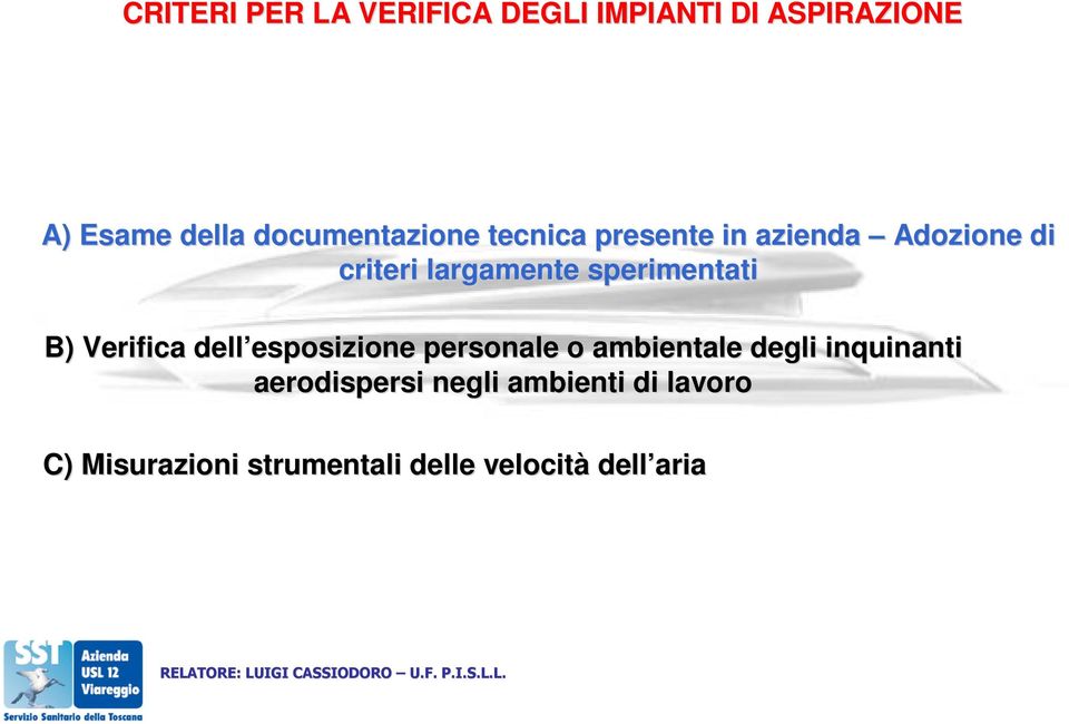 sperimentati B) Verifica dell esposizione personale o ambientale degli