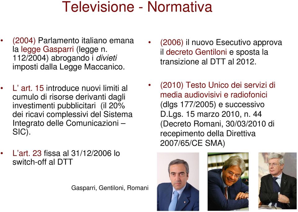 L art. 23 fissa al 31/12/2006 lo switch-off al DTT (2006) il nuovo Esecutivo approva il decreto Gentiloni e sposta la transizione al DTT al 2012.