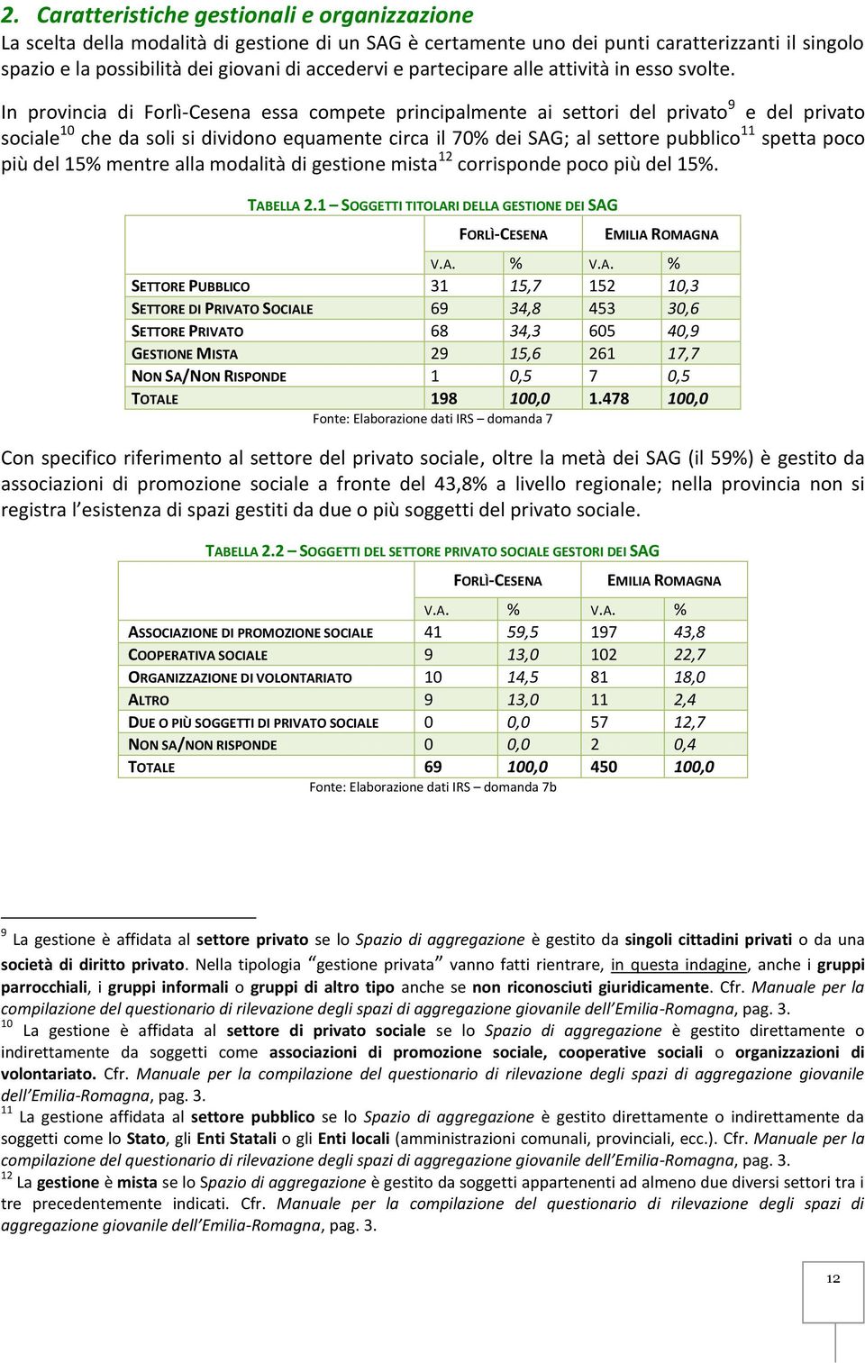 In provincia di Forlì-Cesena essa compete principalmente ai settori del privato 9 e del privato sociale 10 che da soli si dividono equamente circa il 70% dei SAG; al settore pubblico 11 spetta poco