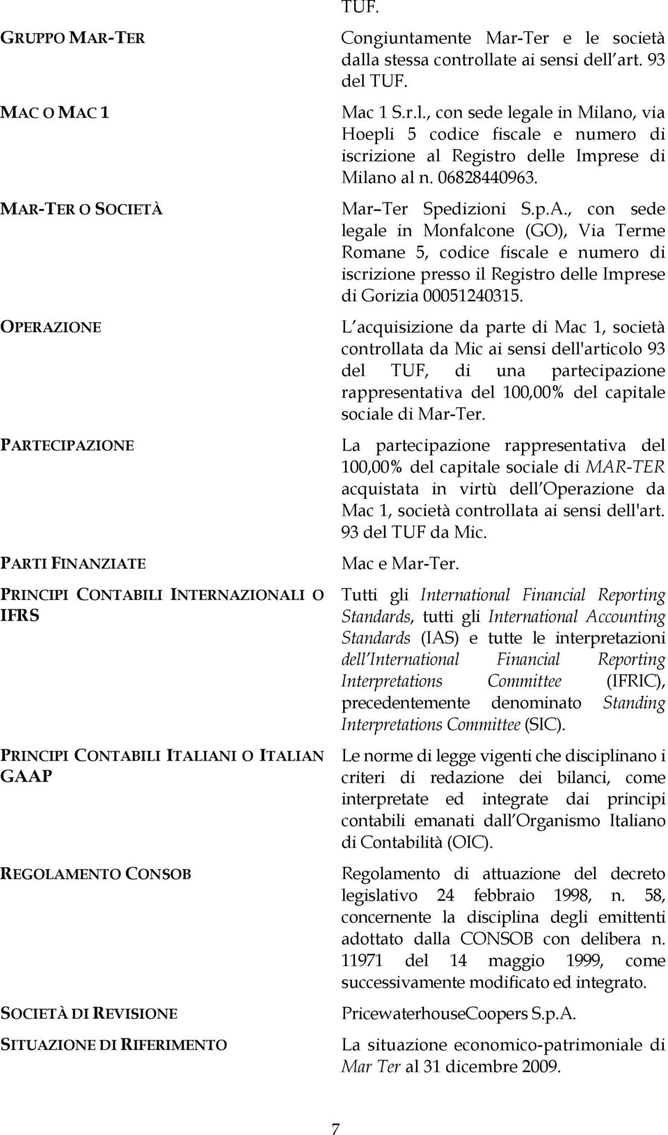 06828440963. Mar Ter Spedizioni S.p.A., con sede legale in Monfalcone (GO), Via Terme Romane 5, codice fiscale e numero di iscrizione presso il Registro delle Imprese di Gorizia 00051240315.