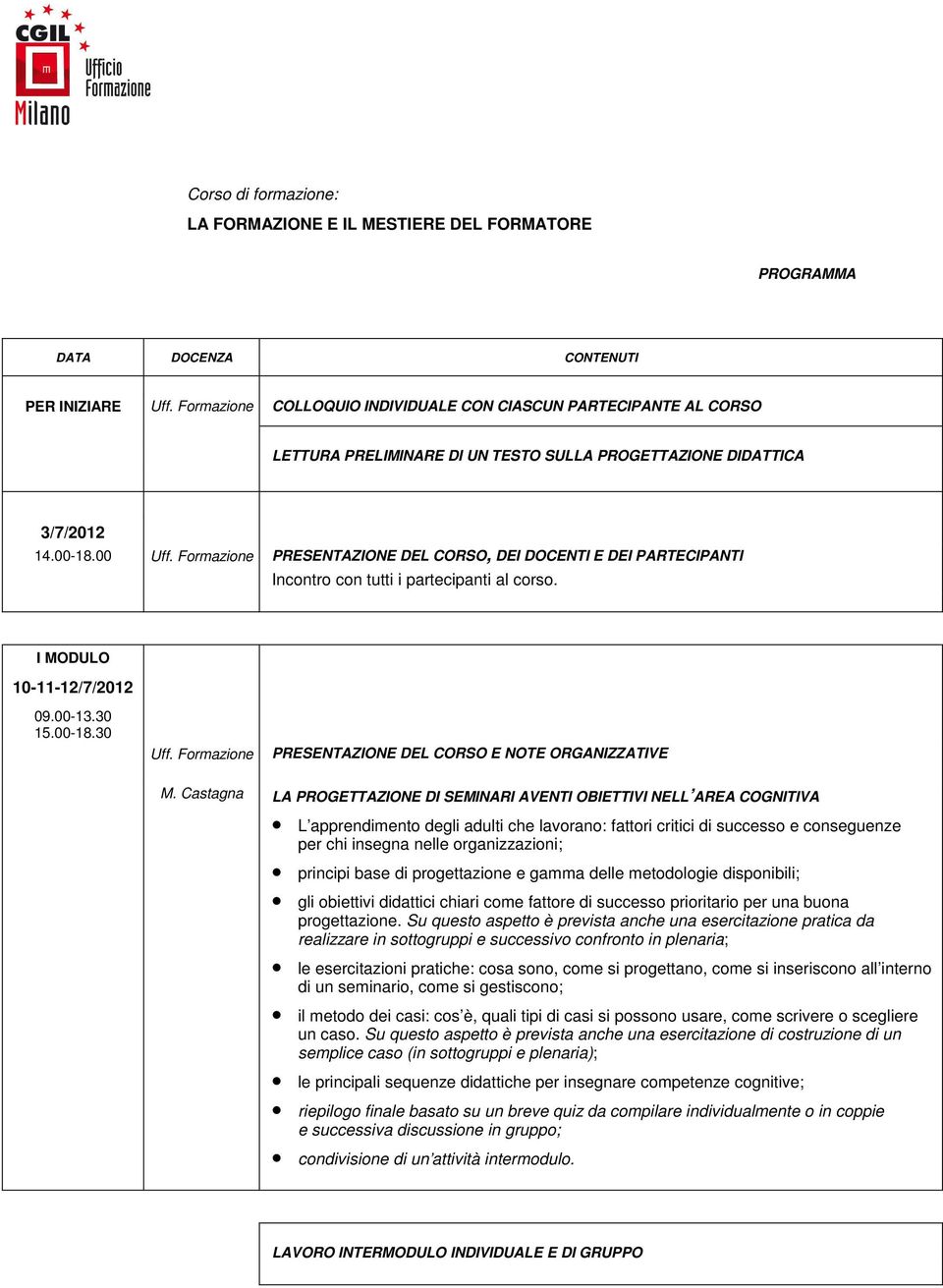 Castagna LA PROGETTAZIONE DI SEMINARI AVENTI OBIETTIVI NELL AREA COGNITIVA L apprendimento degli adulti che lavorano: fattori critici di successo e conseguenze per chi insegna nelle organizzazioni;