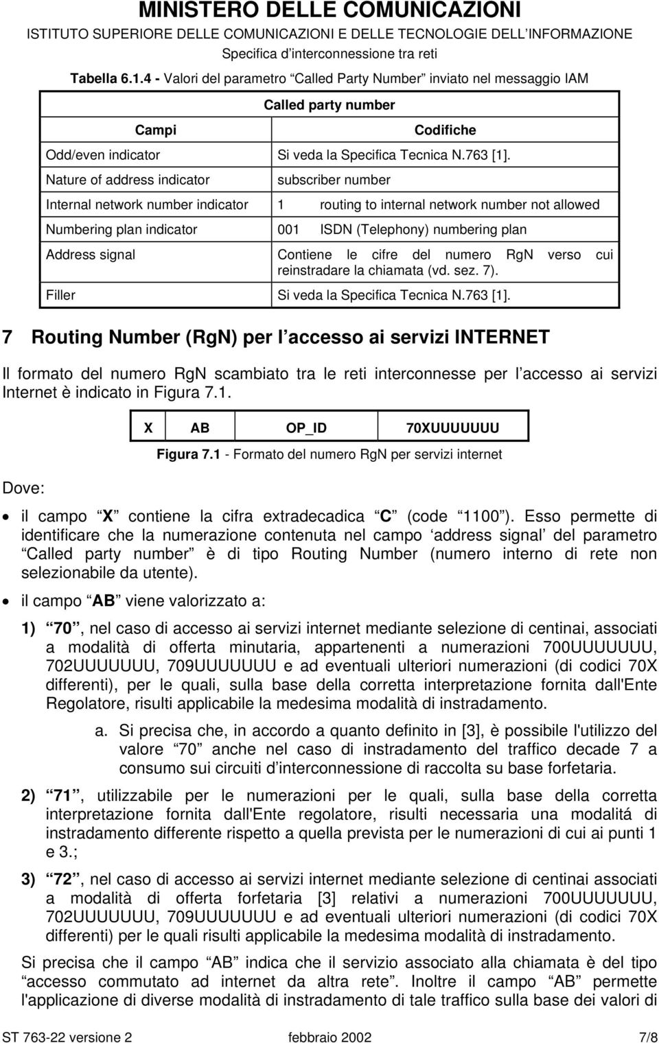 signal Contiene le cifre del numero RgN verso cui reinstradare la chiamata (vd. sez. 7). Filler Si veda la Specifica Tecnica N.763 [1].