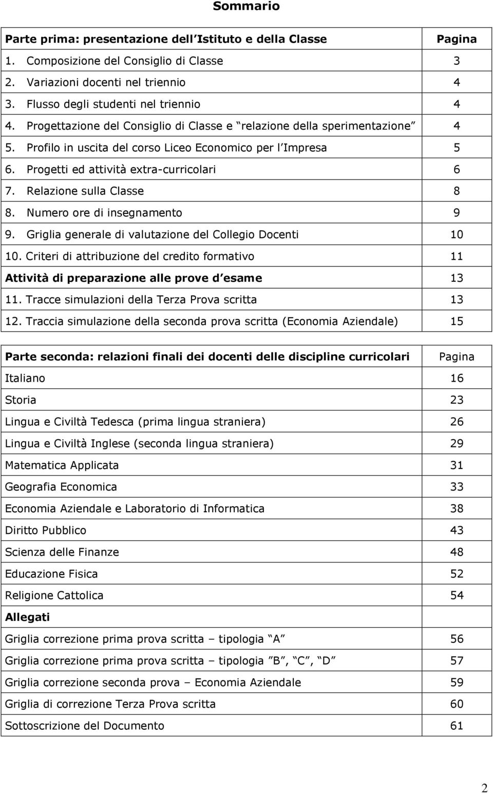 Relazione sulla Classe 8 8. Numero ore di insegnamento 9 9. Griglia generale di valutazione del Collegio Docenti 10 10.