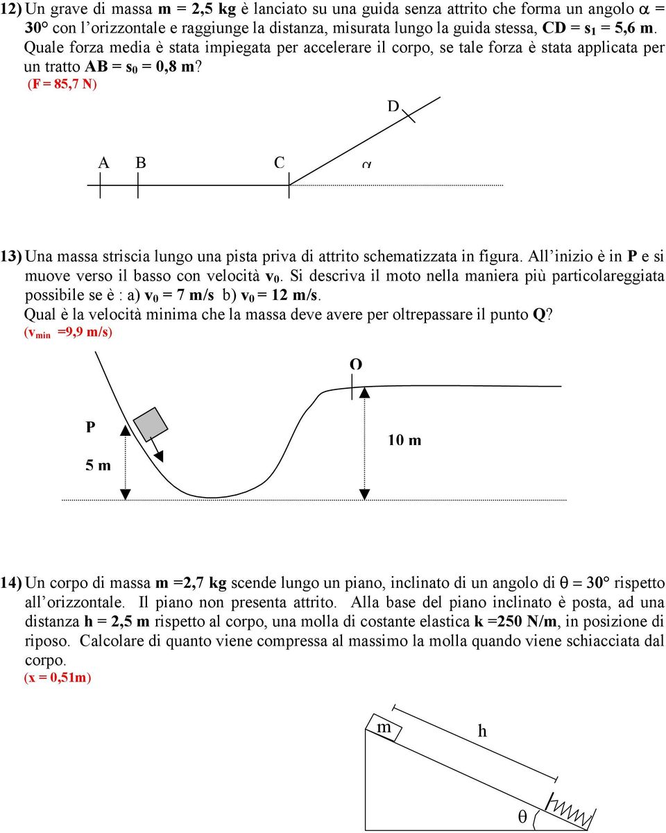 (F = 85,7 N) D C α 13) Una massa striscia lungo una pista priva di attrito schematizzata in figura. ll inizio è in P e si muove verso il basso con velocità v 0.