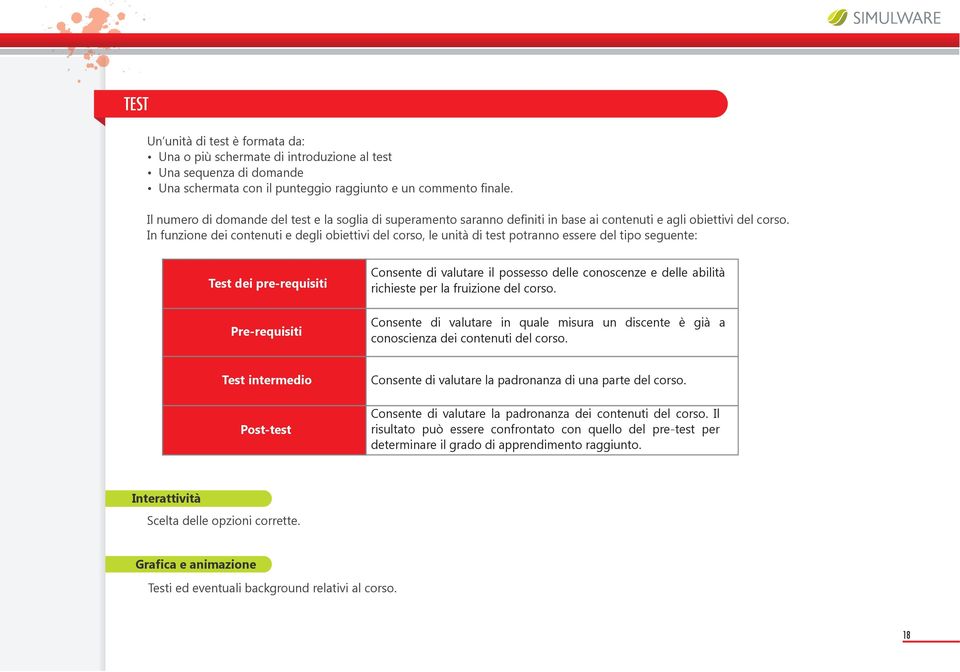 In funzione dei contenuti e degli obiettivi del corso, le unità di test potranno essere del tipo seguente: Test dei pre-requisiti Pre-requisiti Consente di valutare il possesso delle conoscenze e