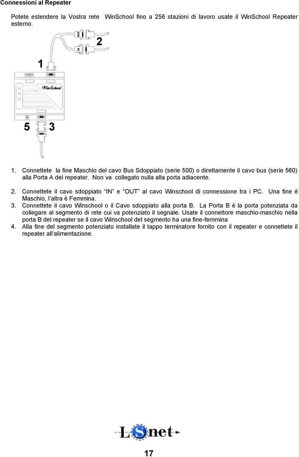 Connettete il cavo sdoppiato IN e OUT al cavo Winschool di connessione tra i PC. Una fine è Maschio, l altra è Femmina. 3. Connettete il cavo Winschool o il Cavo sdoppiato alla porta B.