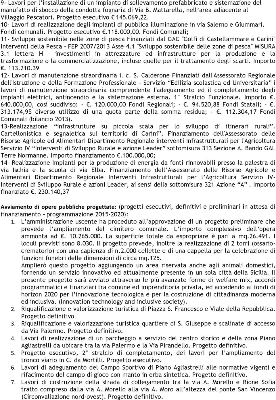 Progetto esecutivo.118.000,00. Fondi Comunali; 11- Sviluppo sostenibile nelle zone di pesca Finanziati dal GAC "Golfi di Castellammare e Carini" Interventi della Pesca FEP 2007/2013 Asse 4.