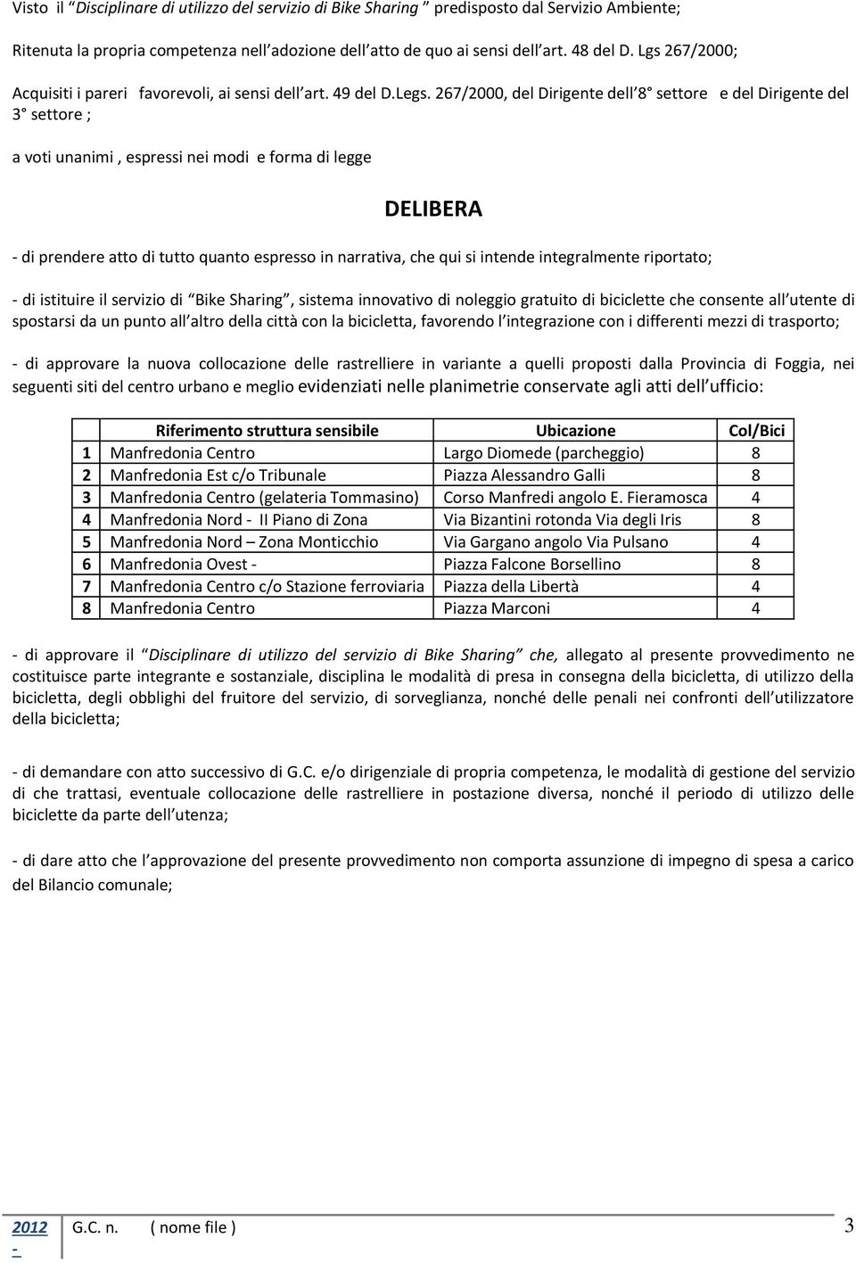 267/2000, del Dirigente dell 8 settore e del Dirigente del 3 settore ; a voti unanimi, espressi nei modi e forma di legge DELIBERA di prendere atto di tutto quanto espresso in narrativa, che qui si