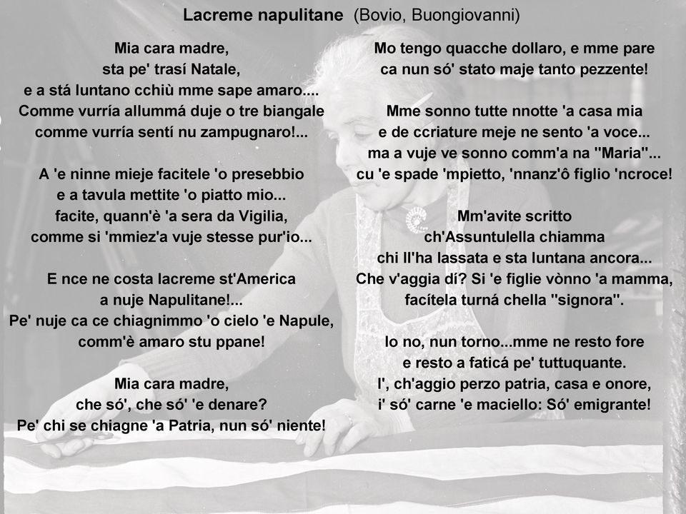 .. E nce ne costa lacreme st'america a nuje Napulitane!... Pe' nuje ca ce chiagnimmo 'o cielo 'e Napule, comm'è amaro stu ppane! Mia cara madre, che só', che só' 'e denare?