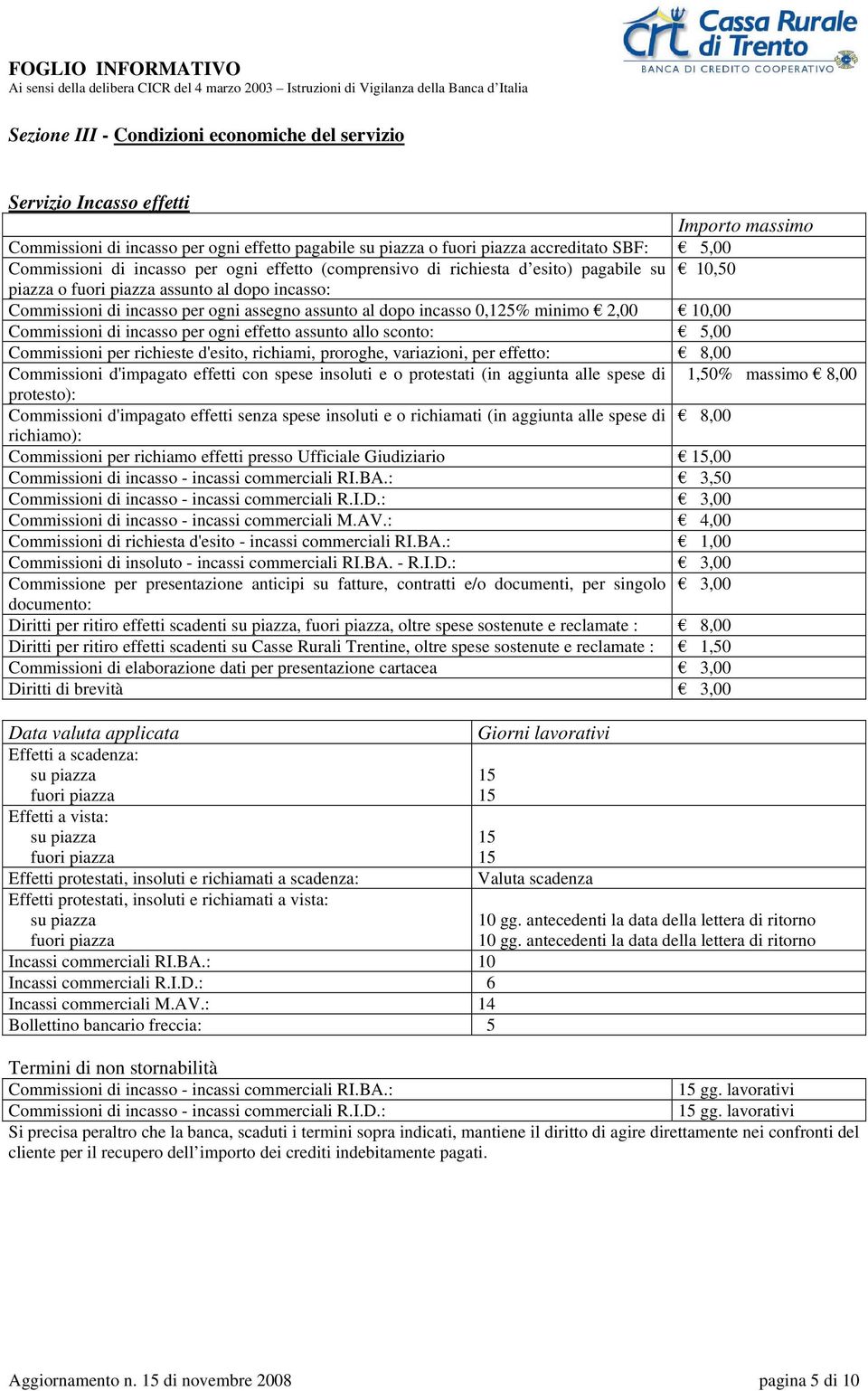 10,00 Commissioni di incasso per ogni effetto assunto allo sconto: 5,00 Commissioni per richieste d'esito, richiami, proroghe, variazioni, per effetto: 8,00 Commissioni d'impagato effetti con spese