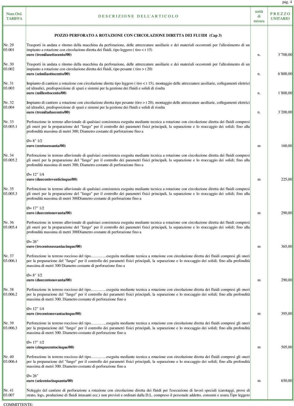 001 impianto a rotazione con circolazione retta dei flui, tipo leggero ( tiro < t 15) euro (tremilasettecento/00) n. 3 700,00 Nr.