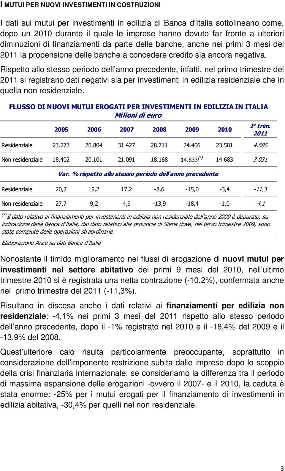 Rispetto allo stesso periodo dell anno precedente, infatti, nel primo trimestre del 2011 si registrano dati negativi sia per investimenti in edilizia residenziale che in quella non residenziale.