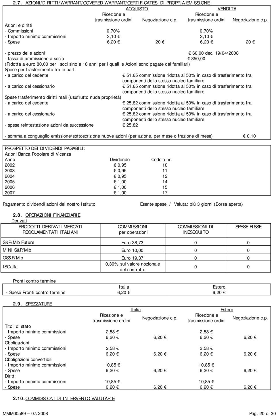 19/04/2008 - tassa di ammissione a socio 350,00 (Ridotta a euro 80,00 per i soci sino a 18 anni per i quali le Azioni sono pagate dai familiari) Spese per trasferimento tra le parti - a carico del