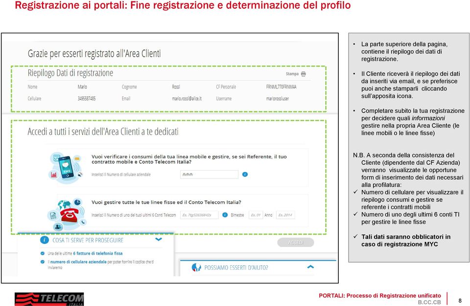 Completare subito la tua registrazione per decidere quali informazioni gestire nella propria Area Cliente (le linee mobili o le linee fisse) N.B.