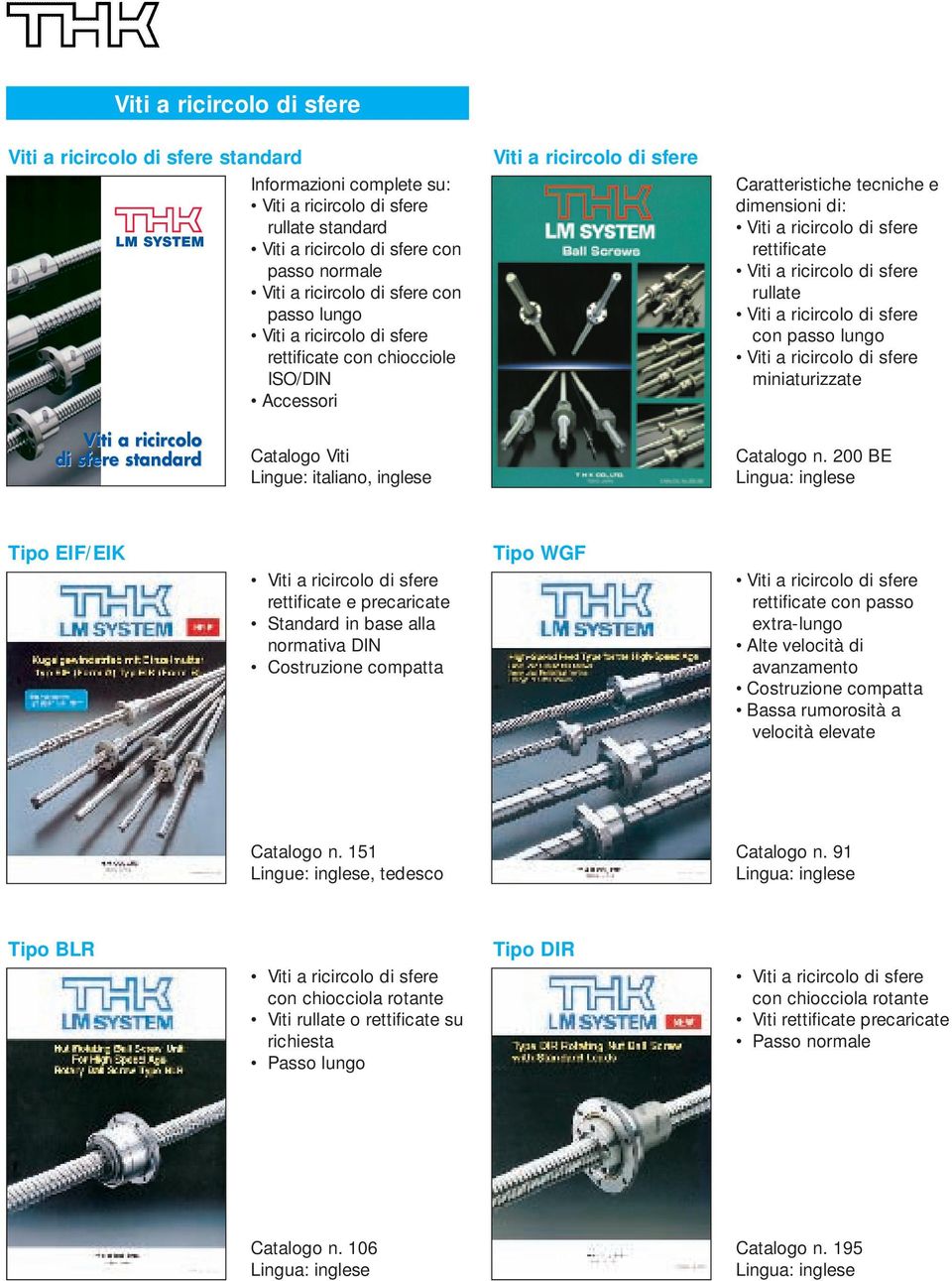 rettificate Viti a ricircolo di sfere rullate Viti a ricircolo di sfere con passo lungo Viti a ricircolo di sfere miniaturizzate Viti a ricircolo di sfere standard Catalogo Viti Lingue: italiano,