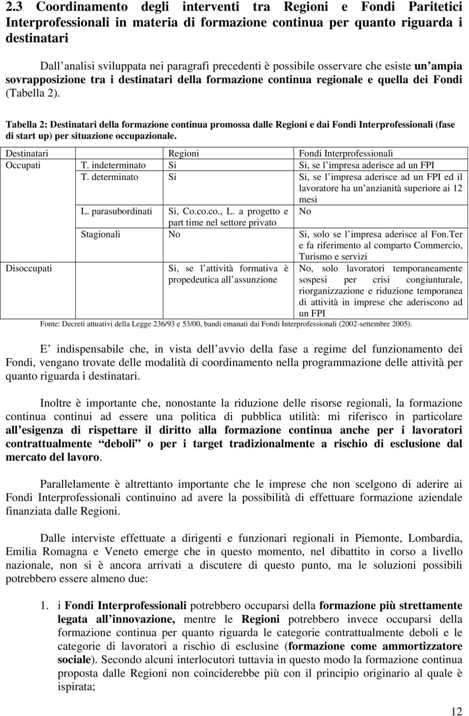 Tabella 2: Destinatari della formazione continua promossa dalle Regioni e dai Fondi Interprofessionali (fase di start up) per situazione occupazionale.