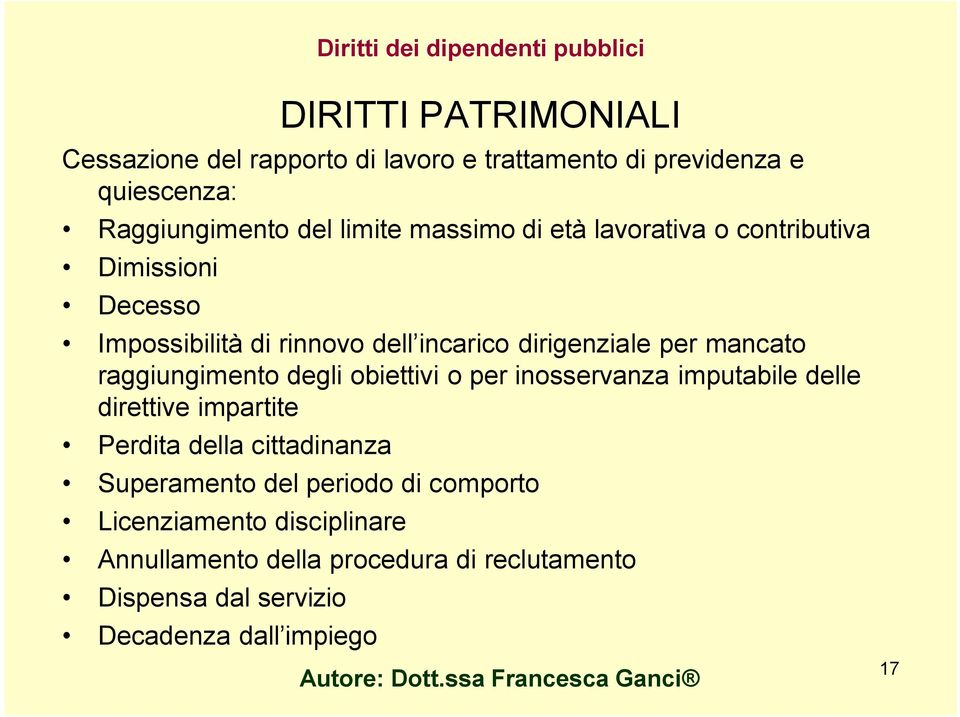 dirigenziale per mancato raggiungimento degli obiettivi o per inosservanza imputabile delle direttive impartite Perdita della