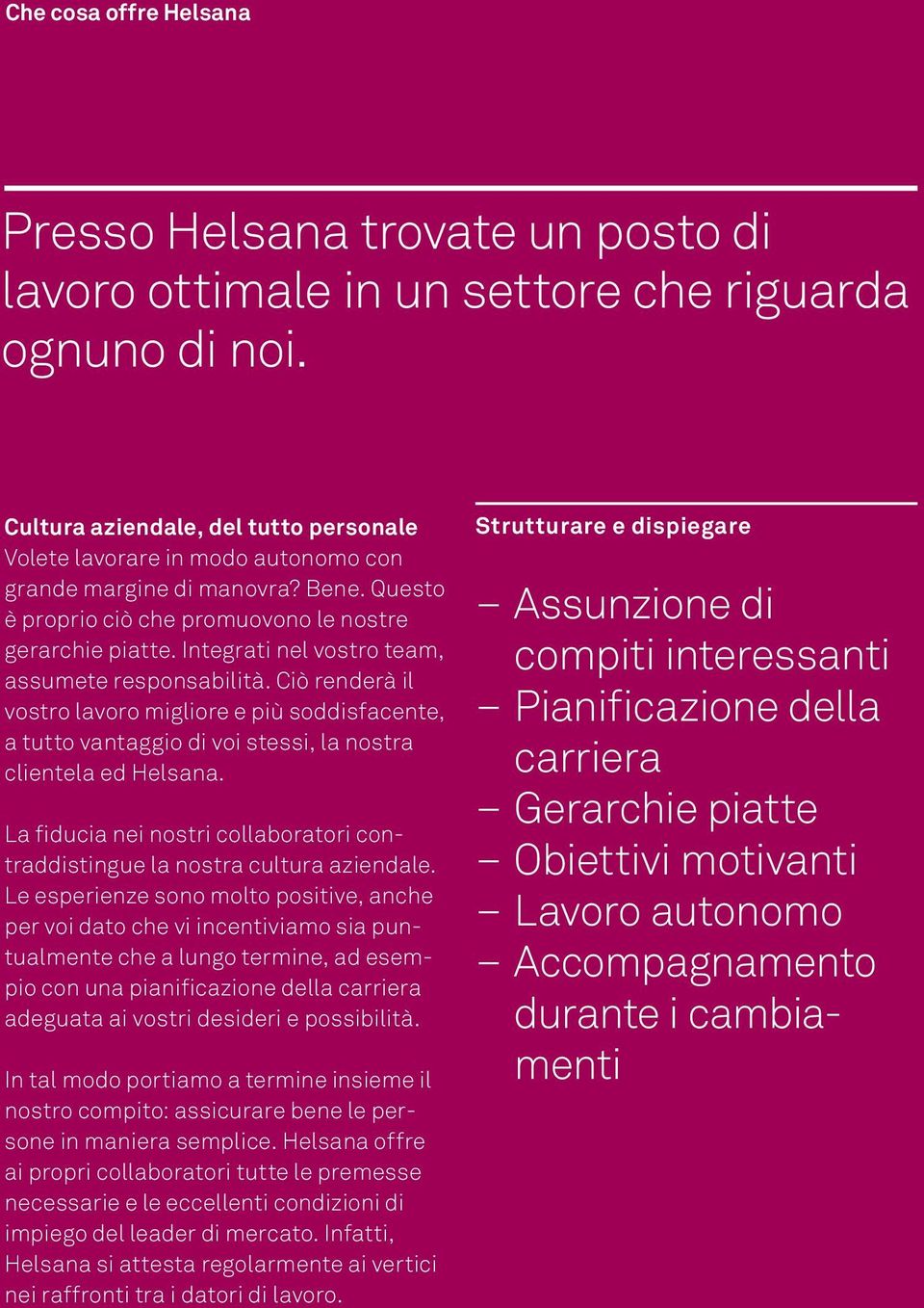 Integrati nel vostro team, assumete responsabilità. Ciò renderà il vostro lavoro migliore e più soddisfacente, a tutto vantaggio di voi stessi, la nostra clientela ed Helsana.