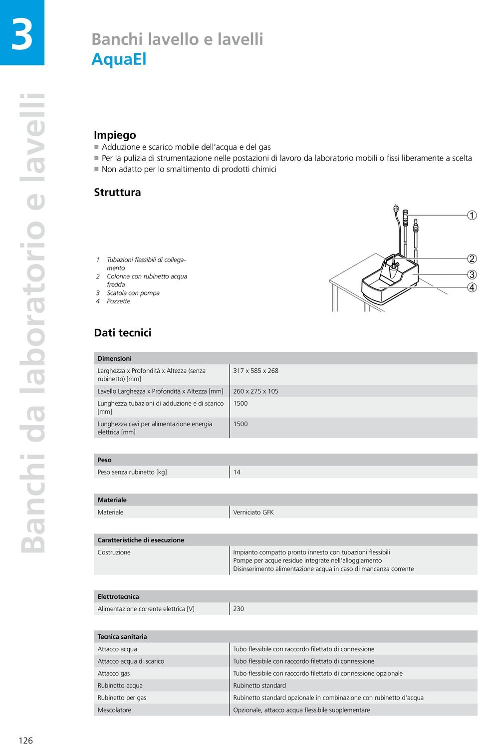 di scarico [mm] Lunghezza cavi per alimentazione energia elettrica [mm] 500 500 Peso Peso senza rubinetto [kg] 4 Verniciato GFK Impianto compatto pronto innesto con tubazioni flessibili Pompe per