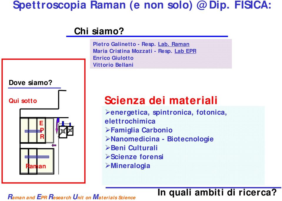 Lab EPR Enrico Giulotto Vittorio Bellani Qui sotto E P R Raman cienza dei materiali energetica, spintronica,