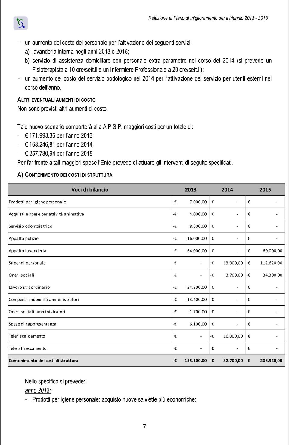 li); un aumento del costo del servizio podologico nel 2014 per l attivazione del servizio per utenti esterni nel corso dell anno.