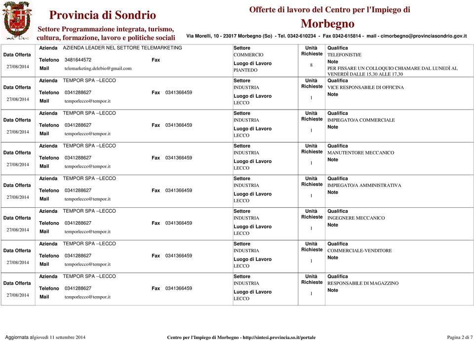 it COMMERCIO PIANTEDO 8 TELEFONISTI/E PER FISSARE UN COLLOQUIO CHIAMARE DAL LUNEDÌ AL VENERDÌ DALLE,30 ALLE 7,30 VICE RESPONSABILE DI OFFICINA 27/08/204 034288627 03436649 IMPIEGATO/A COMMERCIALE