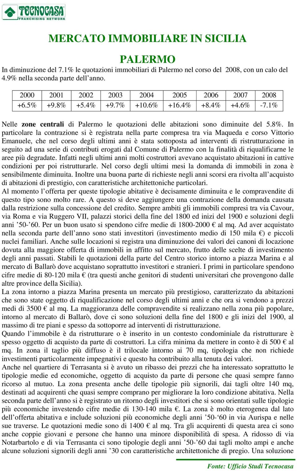 +5.4% +9.7% +10.6% +16.4% +8.4% +4.6% -7.1% Nelle zone centrali di Palermo le quotazioni delle abitazioni sono diminuite del 5.8%.