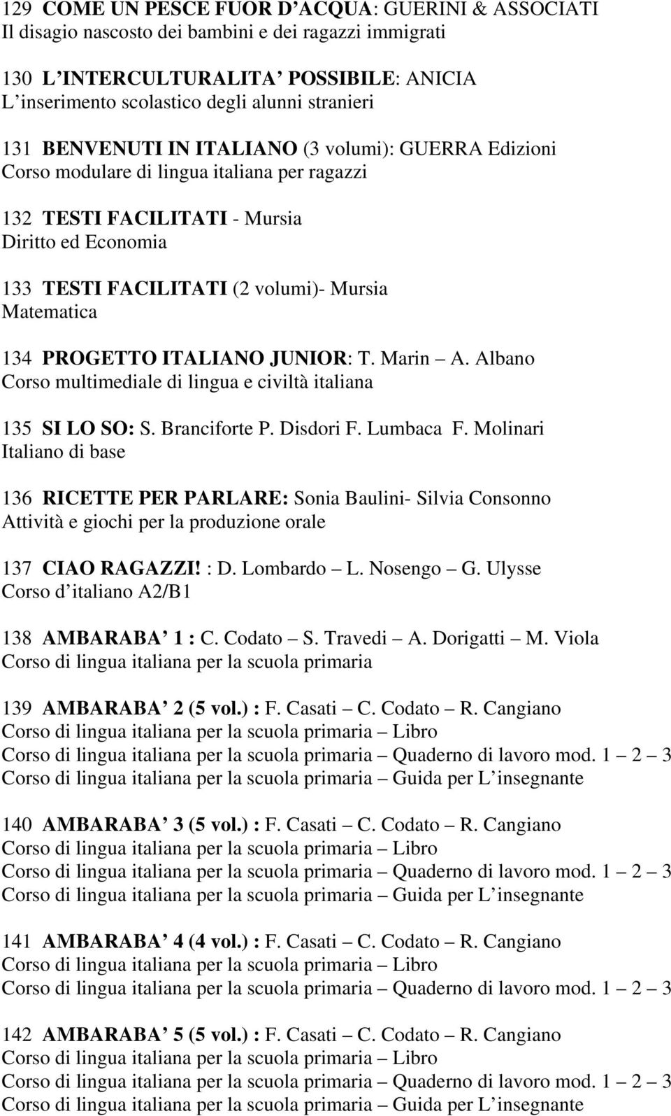 Matematica 134 PROGETTO ITALIANO JUNIOR: T. Marin A. Albano Corso multimediale di lingua e civiltà italiana 135 SI LO SO: S. Branciforte P. Disdori F. Lumbaca F.