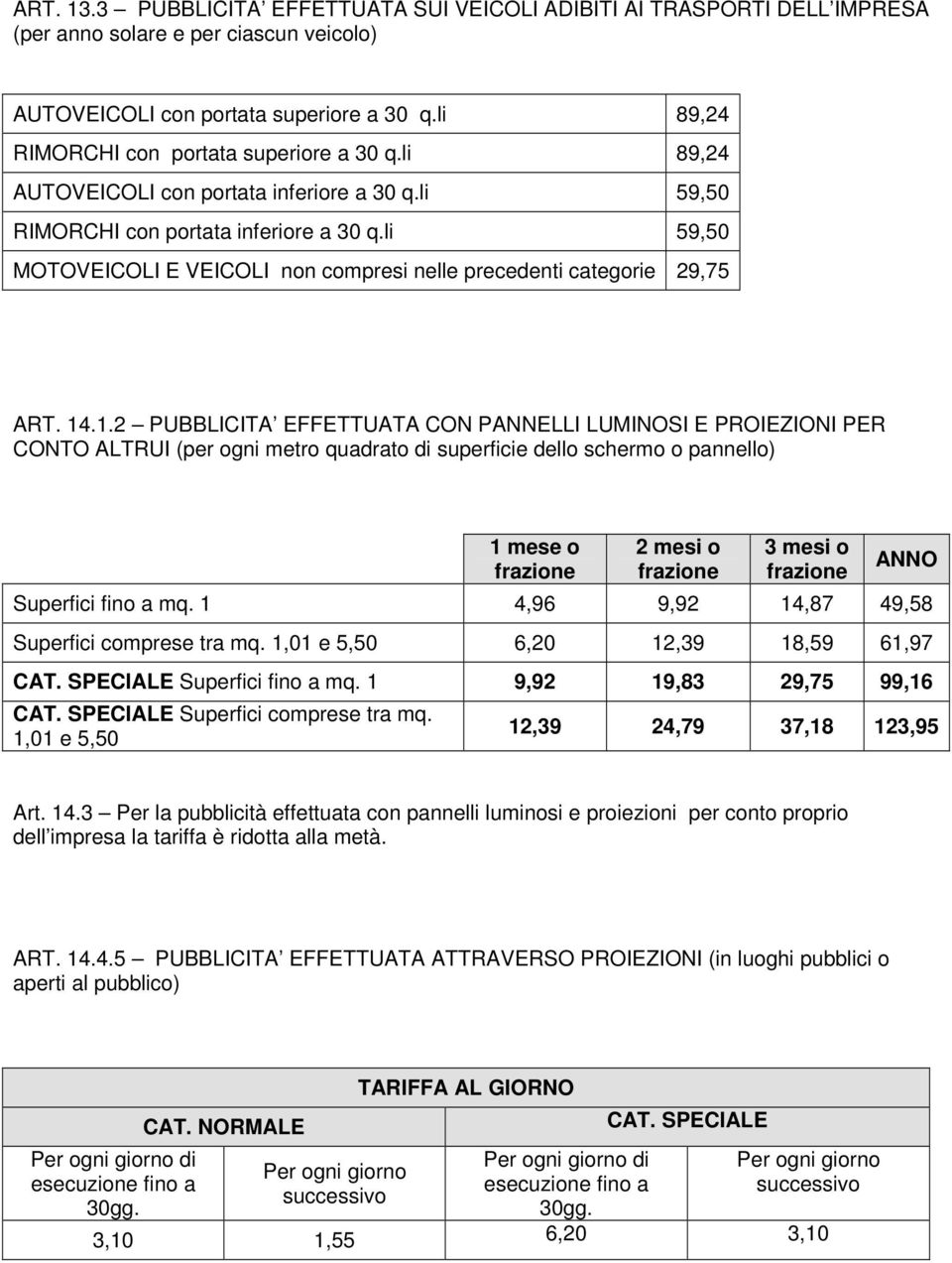 li 59,50 MOTOVEICOLI E VEICOLI non compresi nelle precedenti categorie 29,75 ART. 14