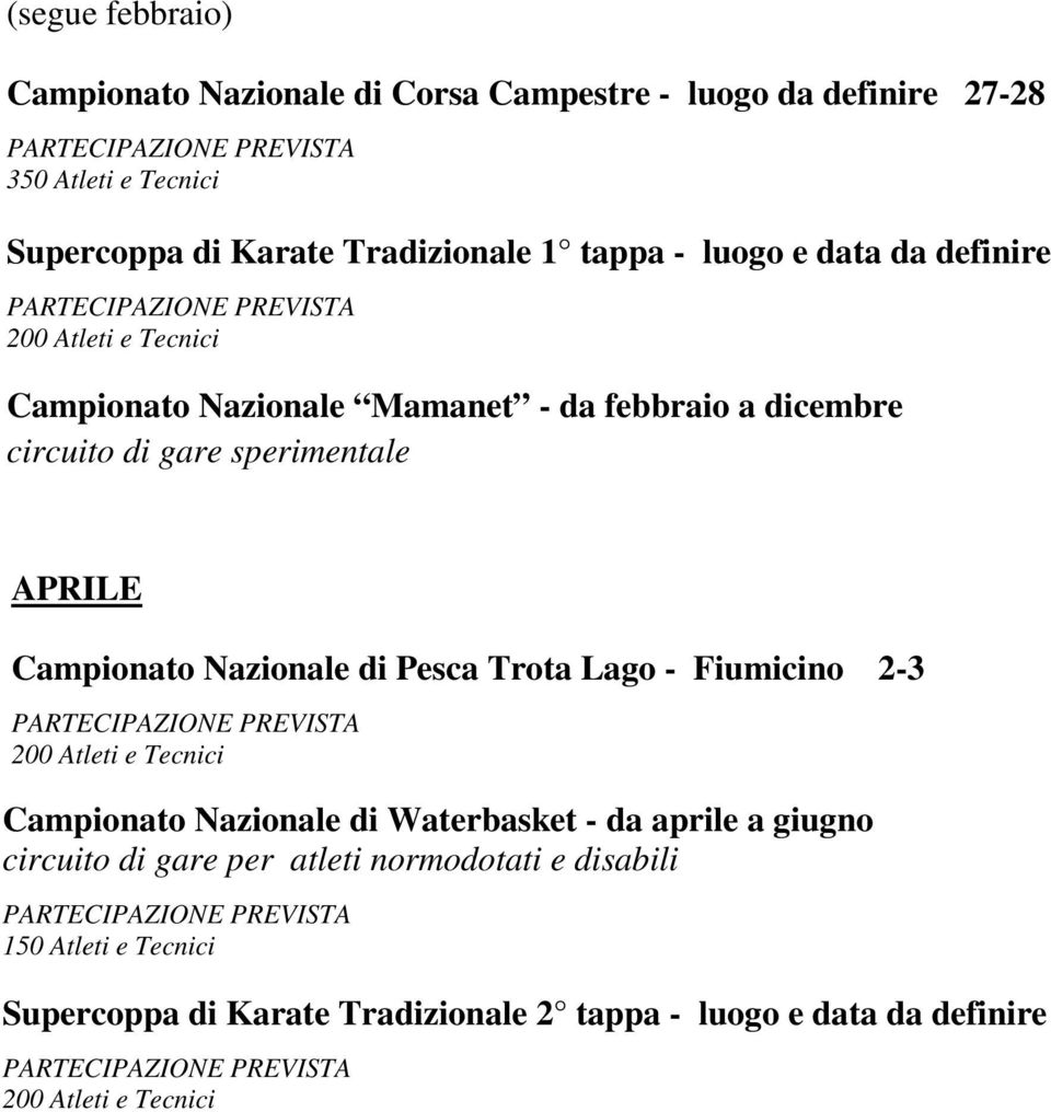 Campionato Nazionale di Pesca Trota Lago - Fiumicino 2-3 200 Atleti e Tecnici Campionato Nazionale di Waterbasket - da aprile a giugno circuito di