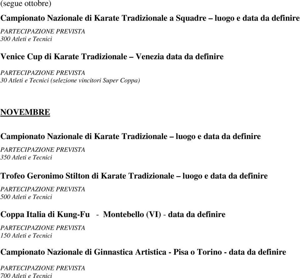 definire 350 Atleti e Tecnici Trofeo Geronimo Stilton di Karate Tradizionale luogo e data da definire 500 Atleti e Tecnici Coppa Italia di Kung-Fu -