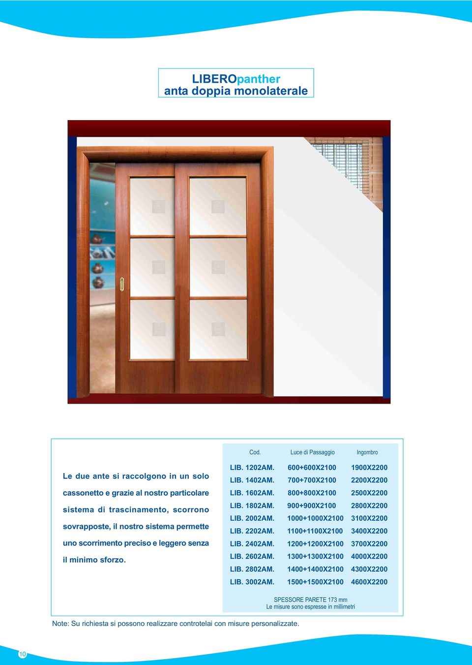 preciso e leggero senza il minimo sforzo. LIB. 1202AM. 600+600X2100 1900X2200 LIB. 1402AM. 700+700X2100 2200X2200 LIB. 1602AM. 800+800X2100 2500X2200 LIB. 1802AM. 900+900X2100 2800X2200 LIB. 2002AM.