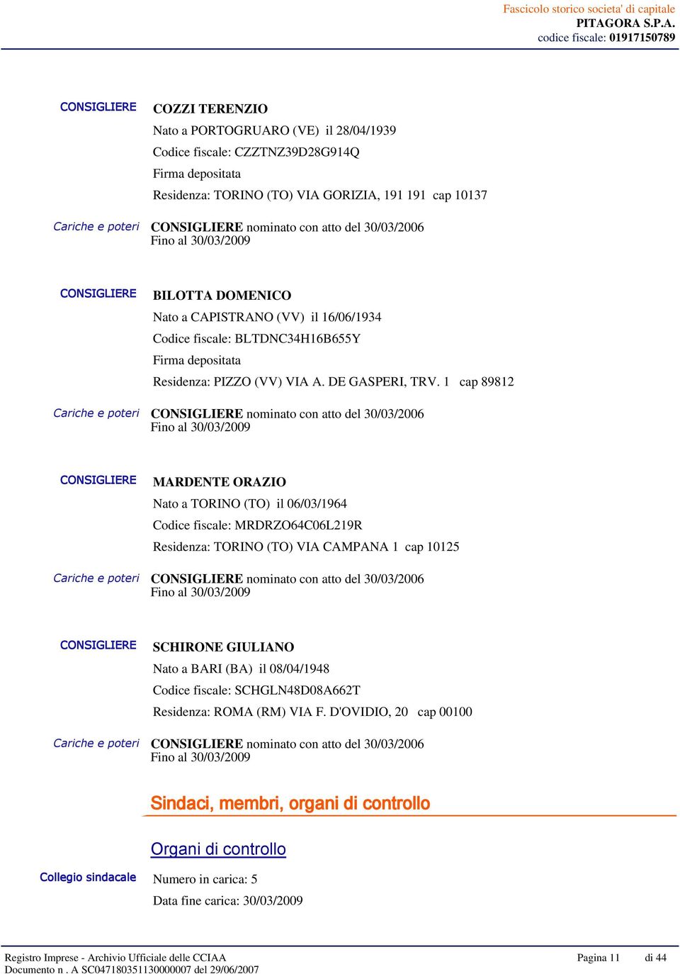 cap 10137 Cariche e poteri CONSIGLIERE nominato con atto del 30/03/2006 Fino al 30/03/2009 CONSIGLIERE BILOTTA DOMENICO Nato a CAPISTRANO (VV) il 16/06/1934 Codice fiscale: BLTDNC34H16B655Y Firma