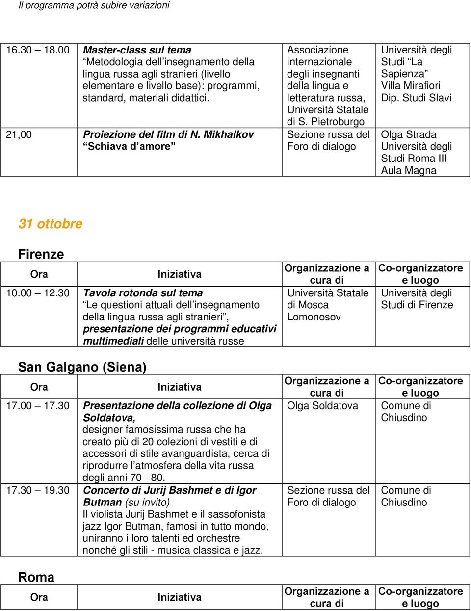 30 Tavola rotonda sul tema Le questioni attuali dell insegnamento della lingua russa agli stranieri, presentazione dei programmi educativi multimediali delle università russe San Galgano (Siena) 17.