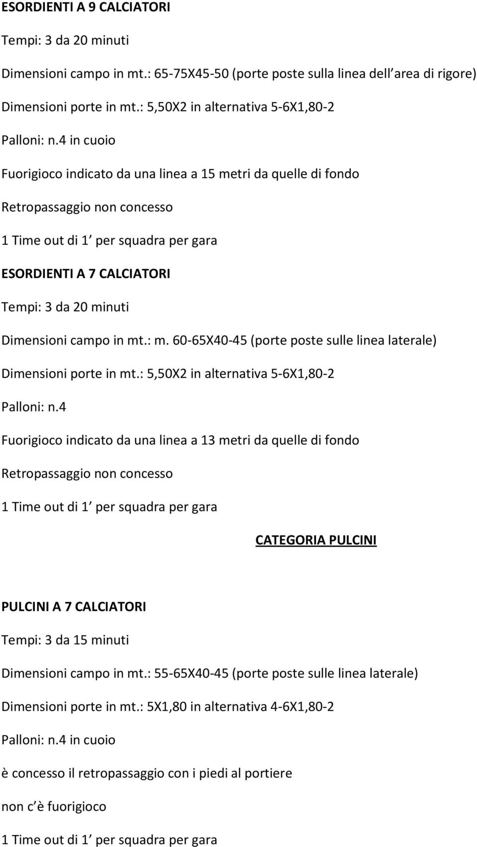 campo in mt.: m. 60-65X40-45 (porte poste sulle linea laterale) Dimensioni porte in mt.: 5,50X2 in alternativa 5-6X1,80-2 Palloni: n.