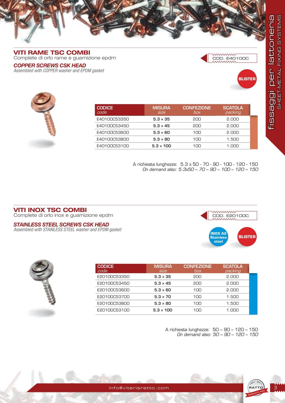 000 fissaggi per lattoneria sheet-metal fixing systems A richiesta lunghezze: 5.3 x 50-70 - 90-100 - 120-150 On demand also: 5.