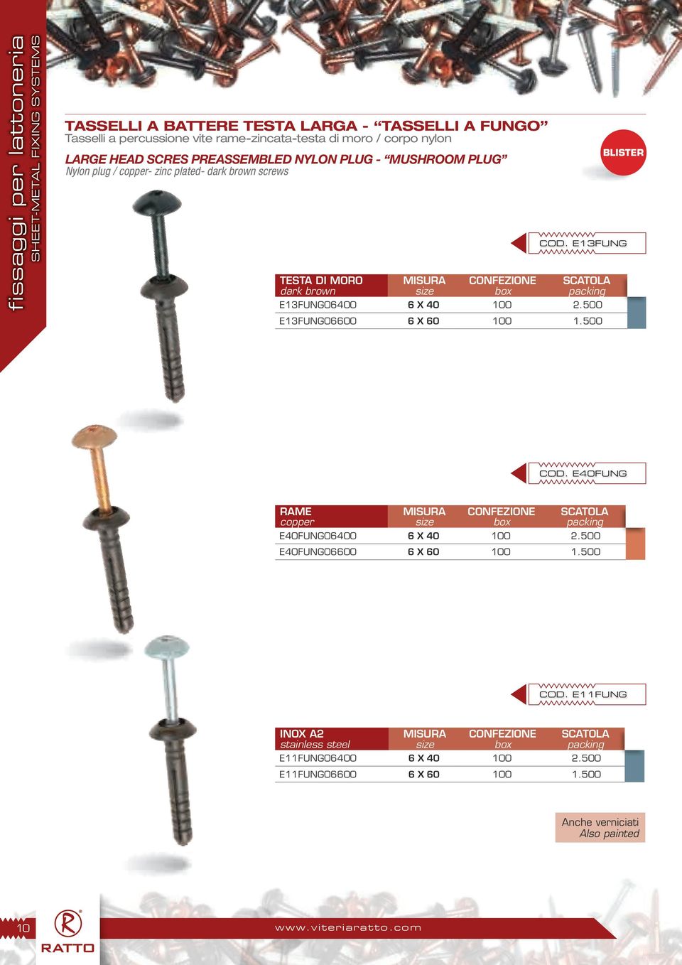 com COD. E13FUNG Scatola packing E13FUNG06400 6 x 40 100 2.500 E13FUNG06600 6 x 60 100 1.500 RAME copper COD. E40FUNG Scatola packing E40FUNG06400 6 x 40 100 2.