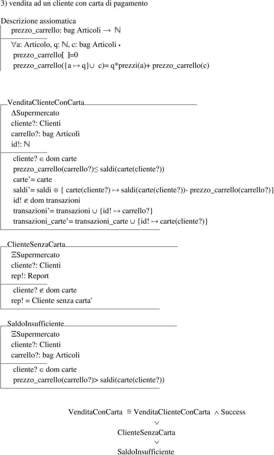 ) å saldi(carte(cliente?))- prezzo_carrello(carrello?)} Æ id! dom transazioni Æ transazioni = transazioni U {id! å carrello?} Æ transazioni_carte = transazioni_carte U {id! å carte(cliente?