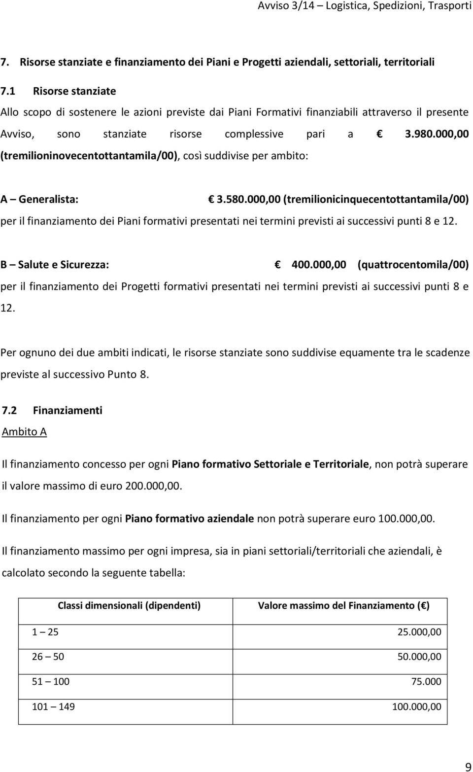 000,00 (tremilioninovecentottantamila/00), così suddivise per ambito: A Generalista: 3.580.