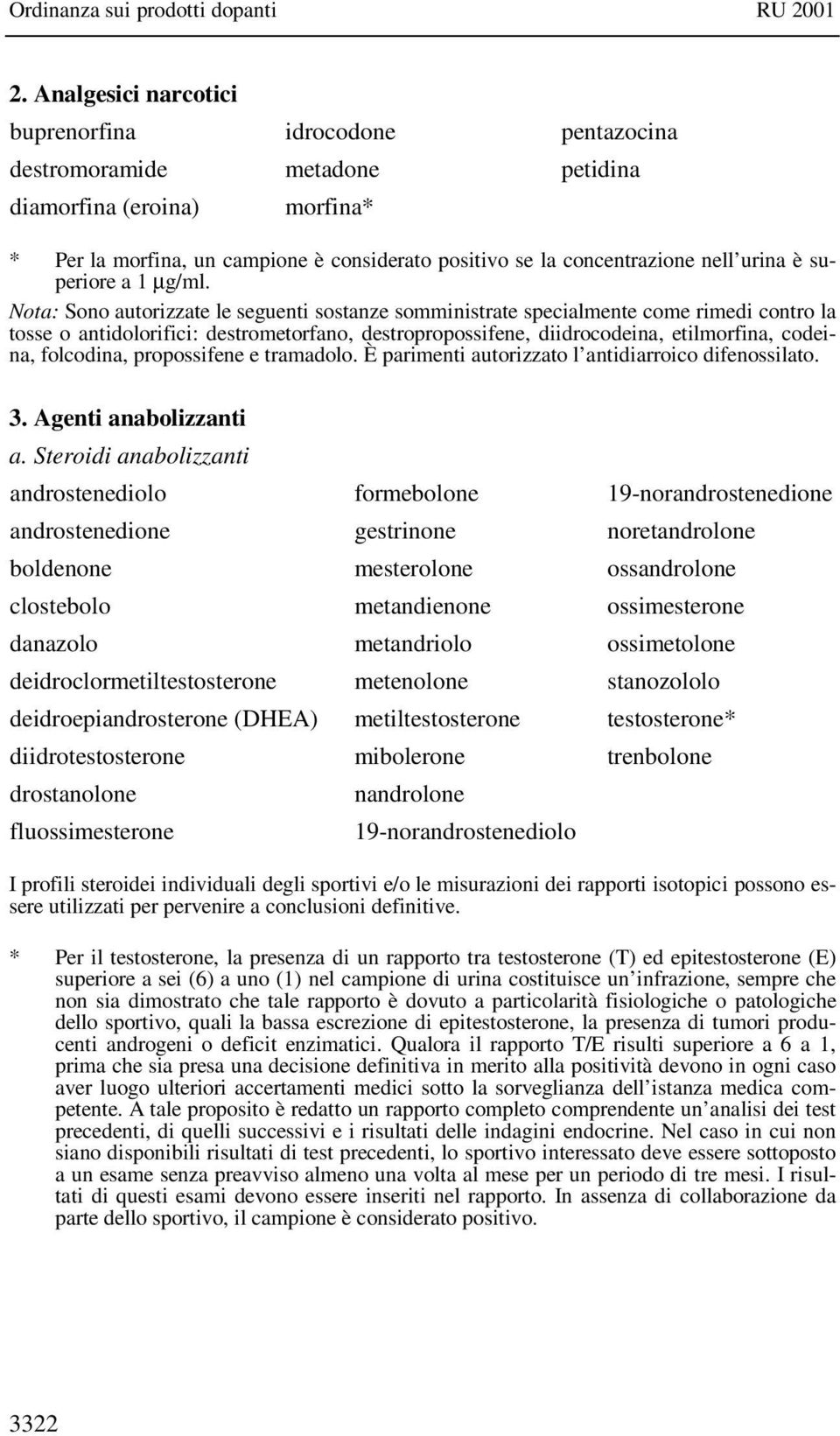 Nota: Sono autorizzate le seguenti sostanze somministrate specialmente come rimedi contro la tosse o antidolorifici: destrometorfano, destropropossifene, diidrocodeina, etilmorfina, codeina,