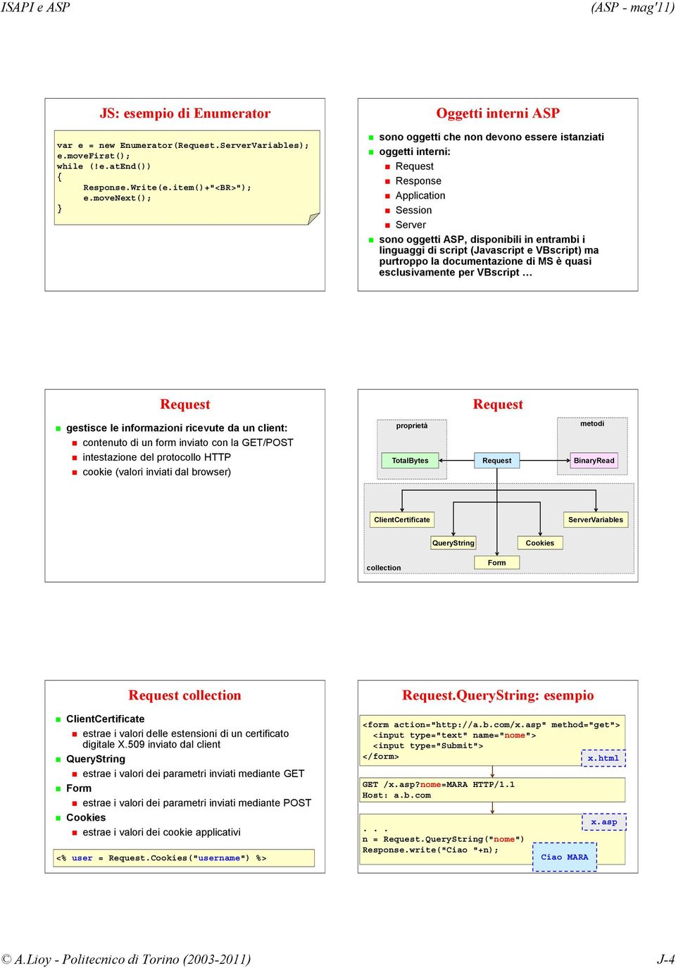 script (Javascript e VBscript) ma purtroppo la documentazione di MS è quasi esclusivamente per VBscript Request Request gestisce le informazioni ricevute da un client: contenuto di un form inviato